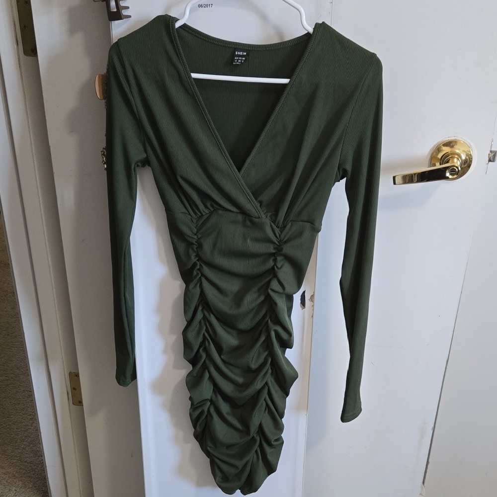 SHEIN Green Ruched Wrap Dress Long Sleeve V-Neck